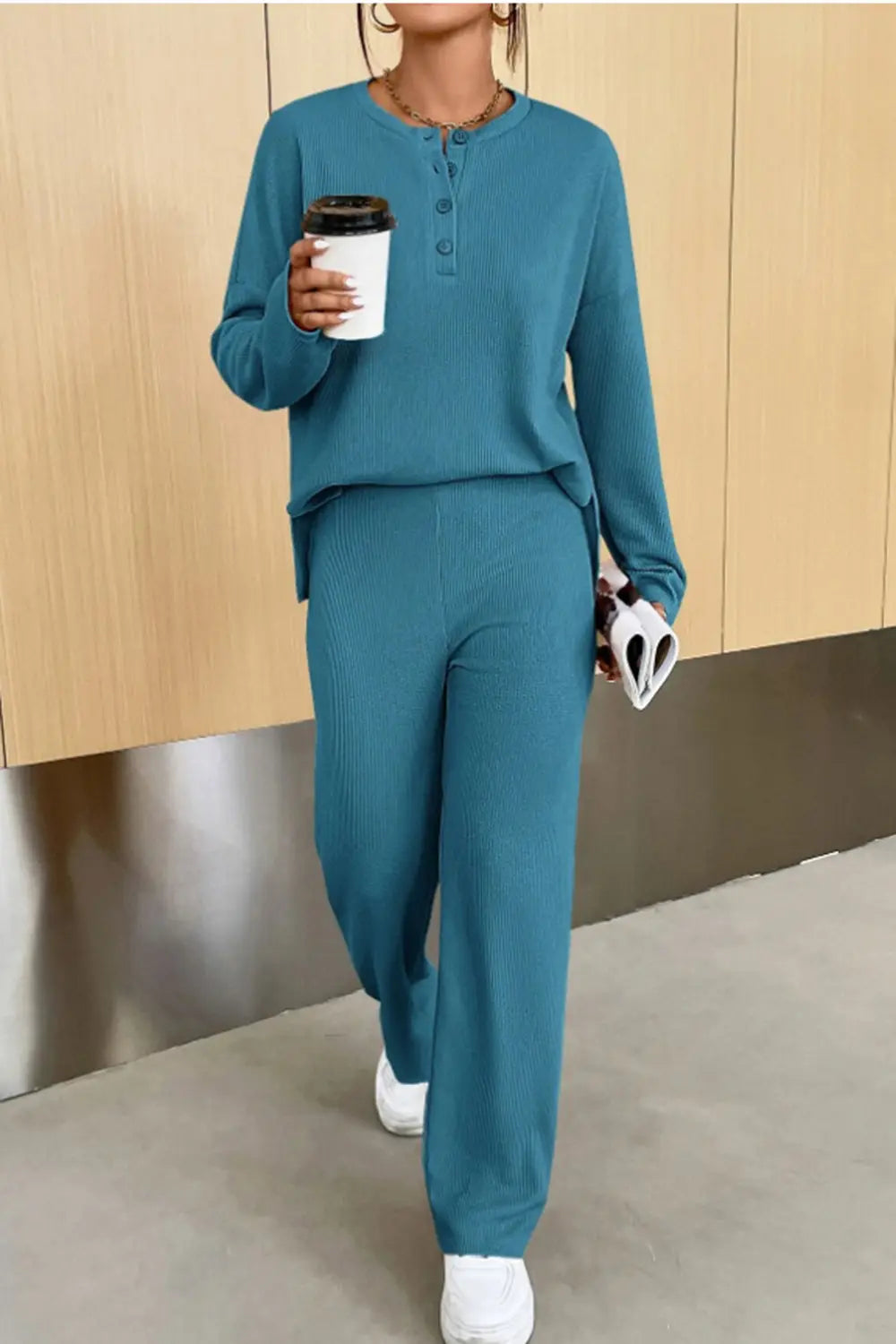 Ribbed Half Button Top Pants Set (5)