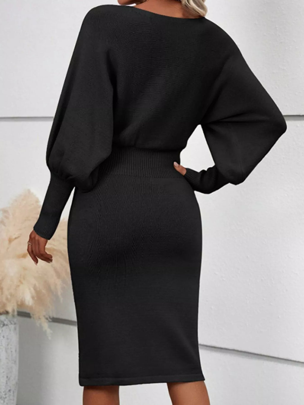 Lantern Sleeve Bodycon Sweater Dress (7)