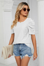 Eyelet Puff Sleeve Round Neck Blouse (20)
