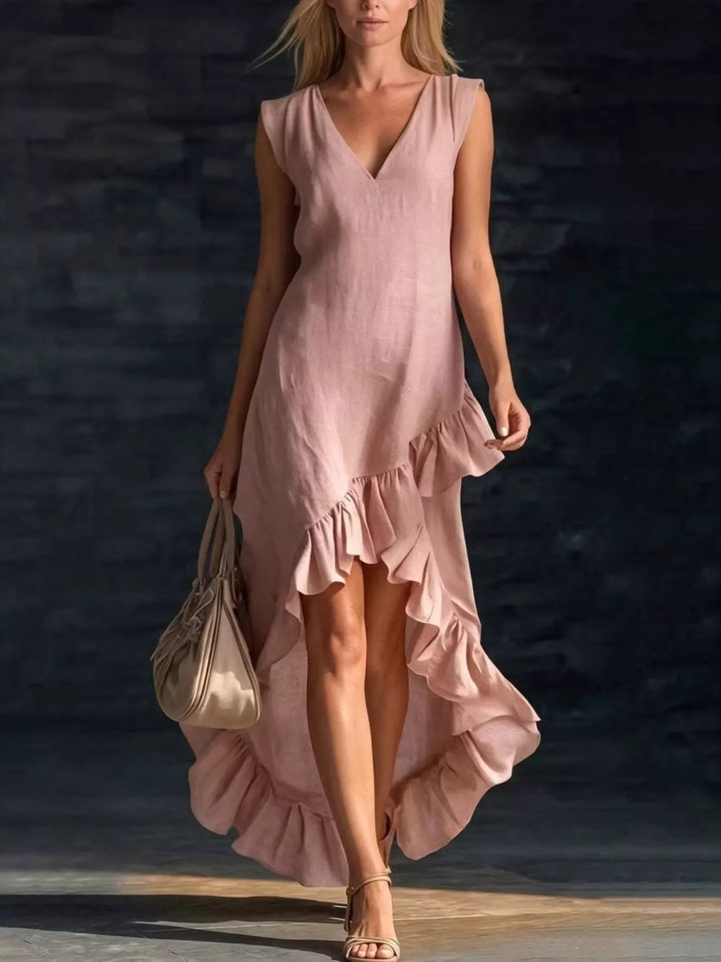 Ruffled Asymmetrical V-neck Dress