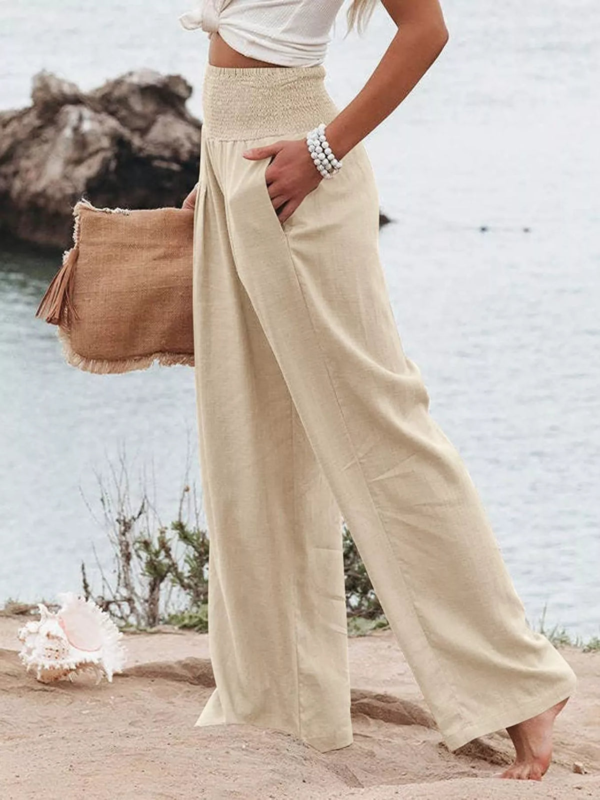 Smocked High Waisted Wide Leg Pants (18)