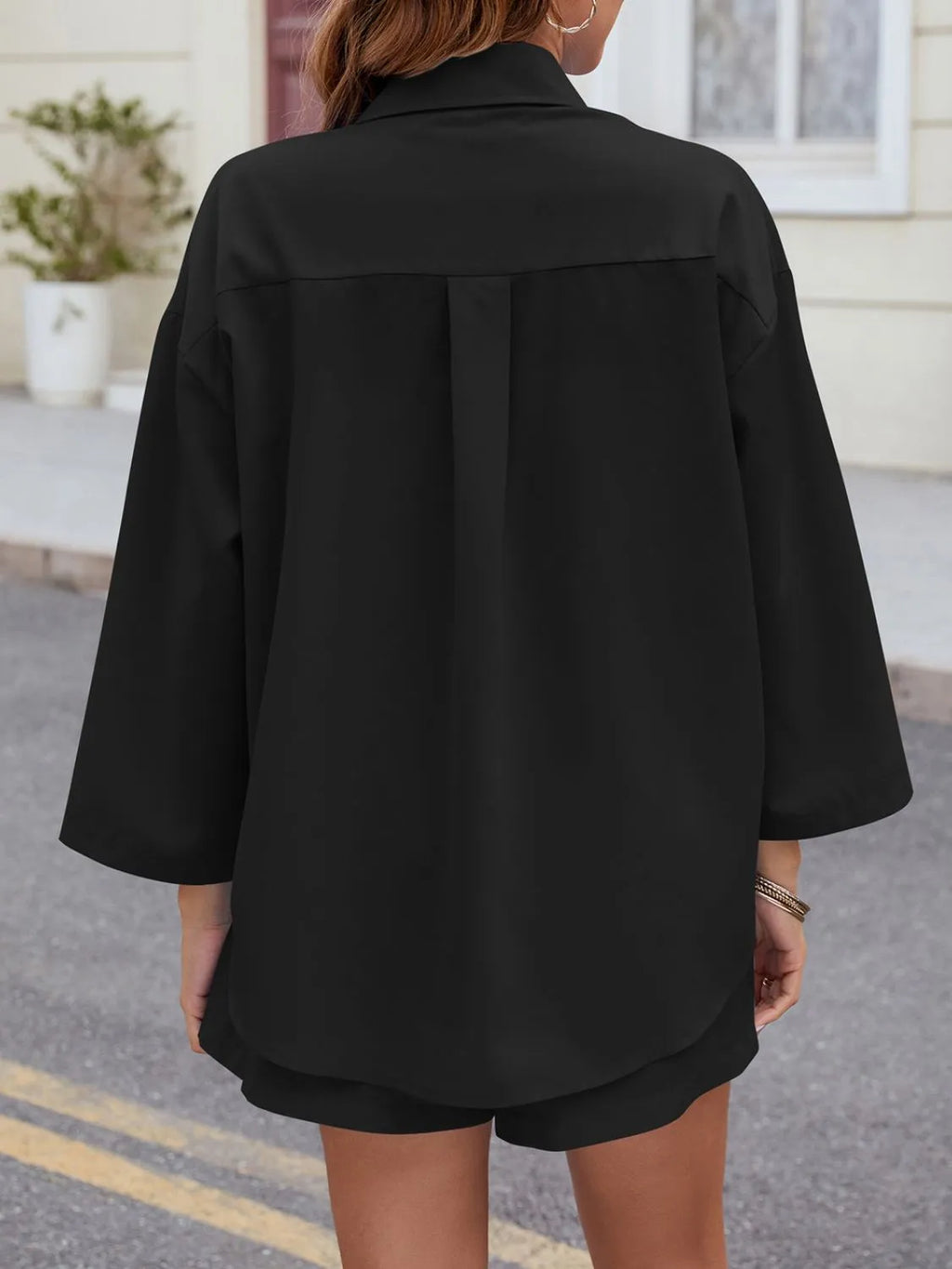 Button Up Long Sleeve Top Shorts Set (11)