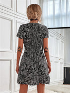 Printed Ruffled Hem V-neck Short Sleeve Mini Dress (23)