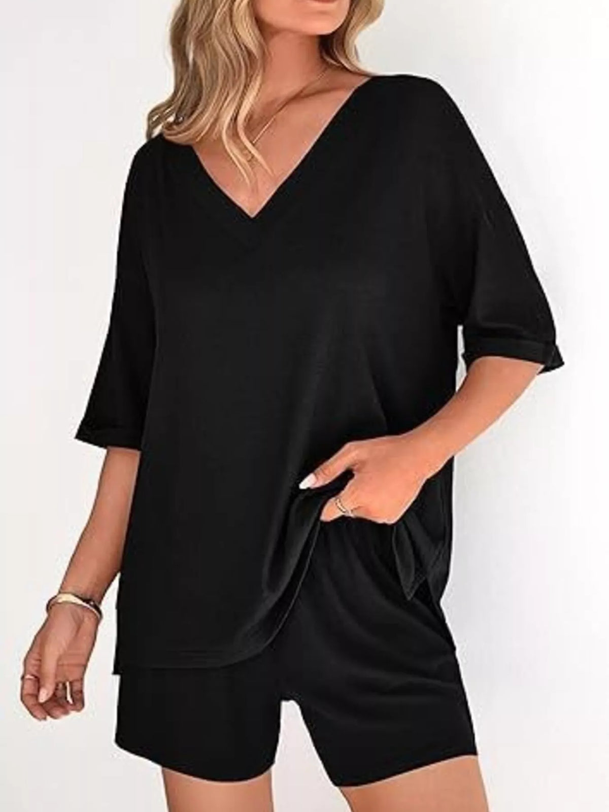Solid Color V-neck Shorts Set (9)