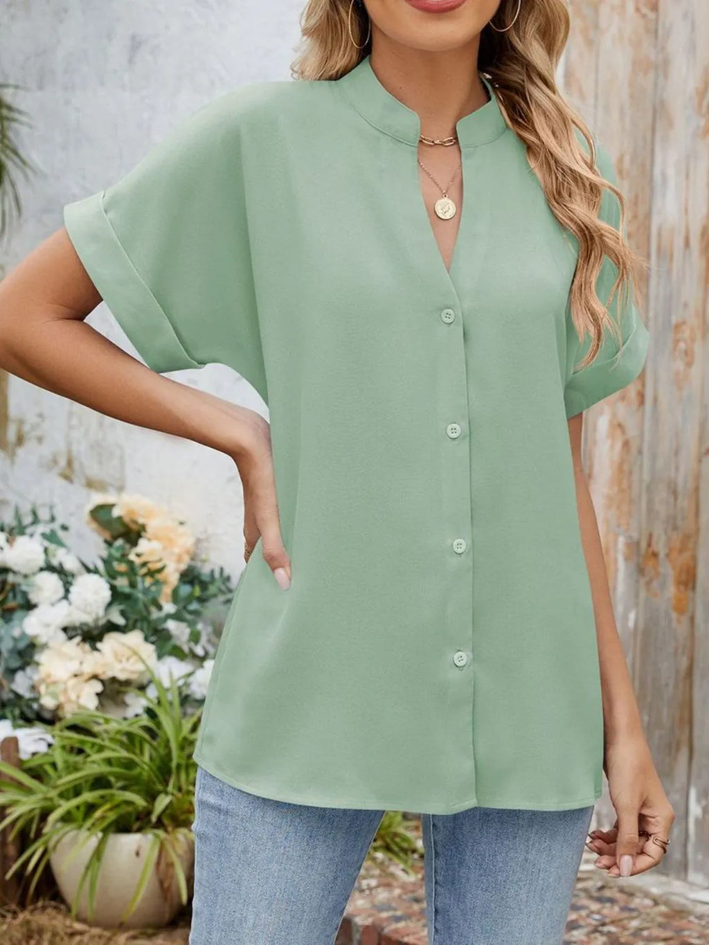 Notched Short Sleeve Blouse (30)