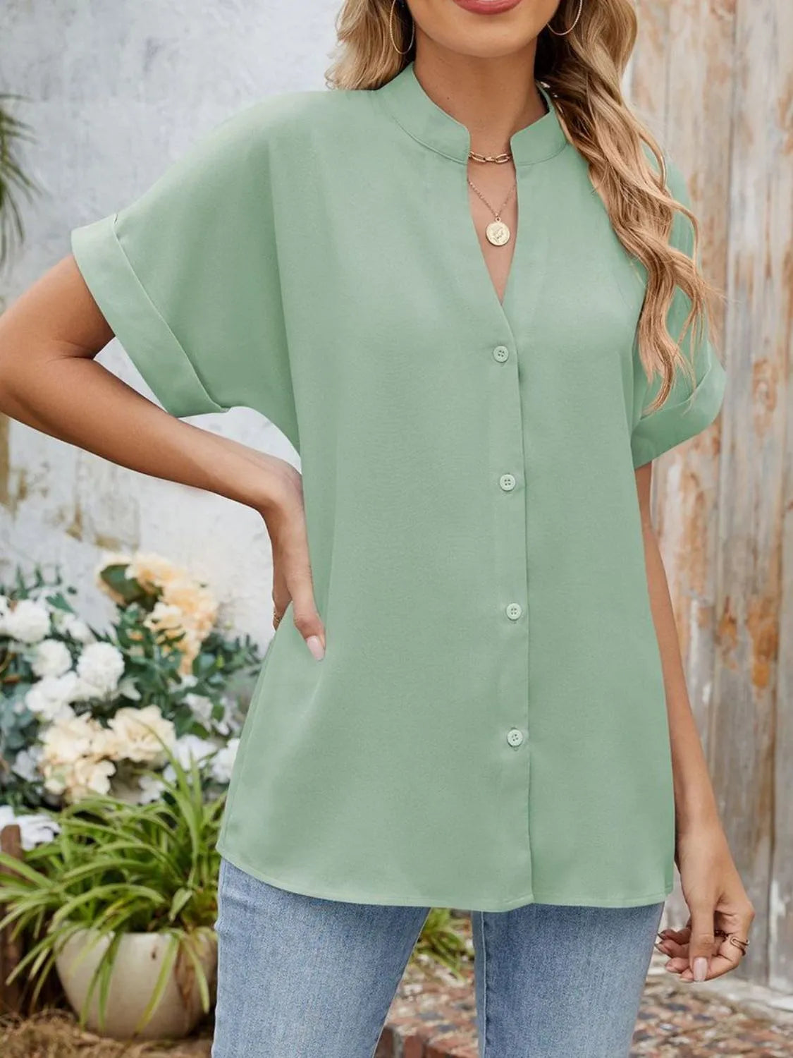 Notched Short Sleeve Blouse (30)