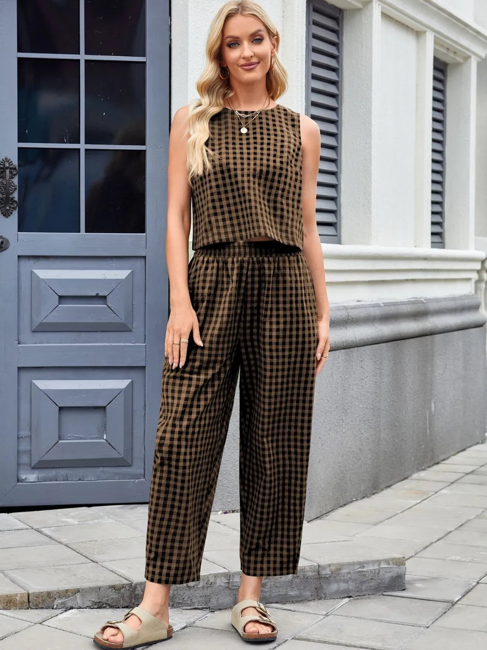 Plaid Sleeveless Top Pants Set (19)