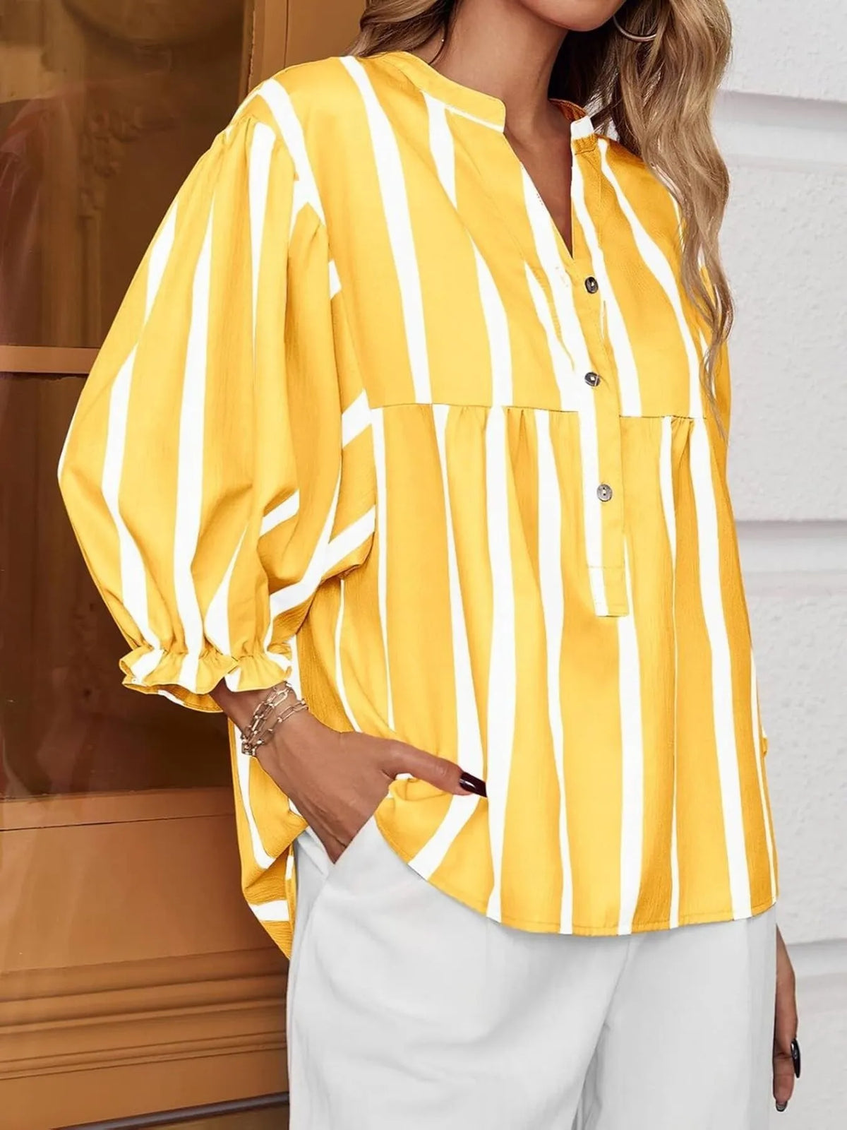Striped Button Front Notched Blouse (18)