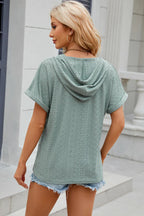 Eyelet Drawstring Hooded Short Sleeve Blouse (2)