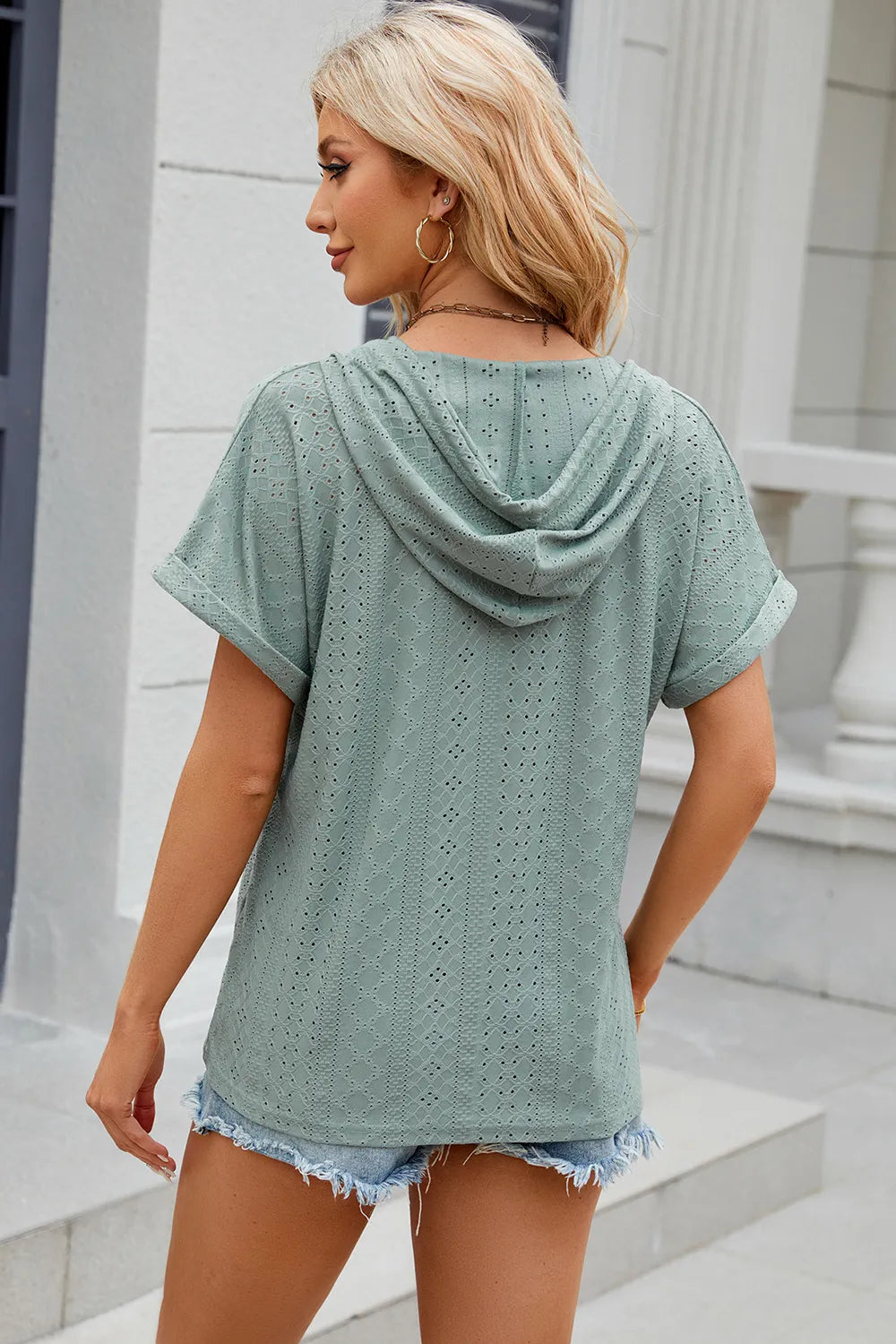 Eyelet Drawstring Hooded Short Sleeve Blouse (2)