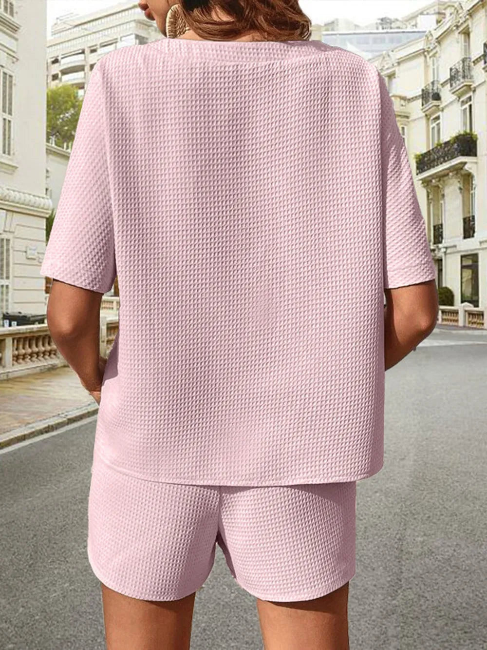 Waffle-knit Half Sleeve Top Shorts Set (29)