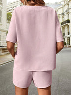 Waffle-knit Half Sleeve Top Shorts Set (29)