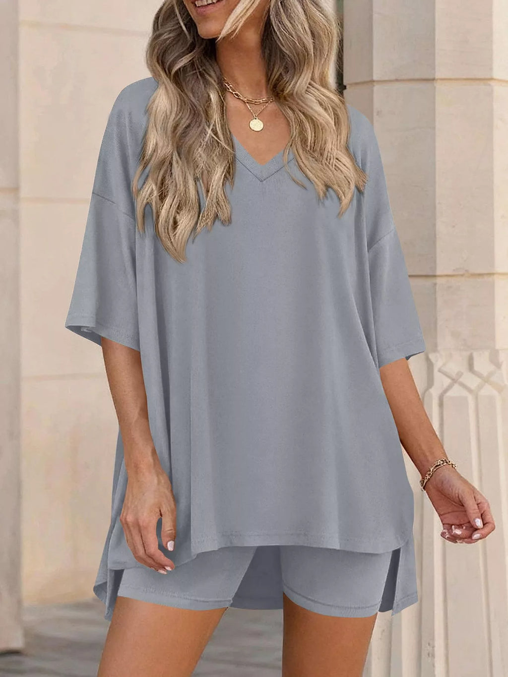 Full Size Casual Loose V-neck T-shirt Shorts Set Plus (17)