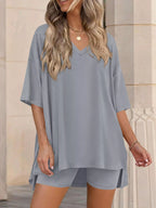 Full Size Casual Loose V-neck T-shirt Shorts Set Plus (17)