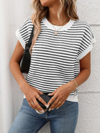 Striped Round Neck Short Sleeve Knit Top (3)