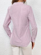 Bow Tie Waist Johnny Collar Neck Striped Blouse (2)