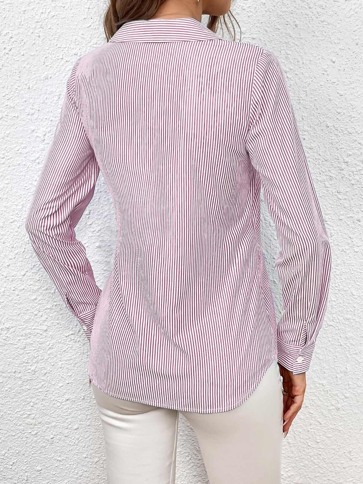 Bow Tie Waist Johnny Collar Neck Striped Blouse (2)