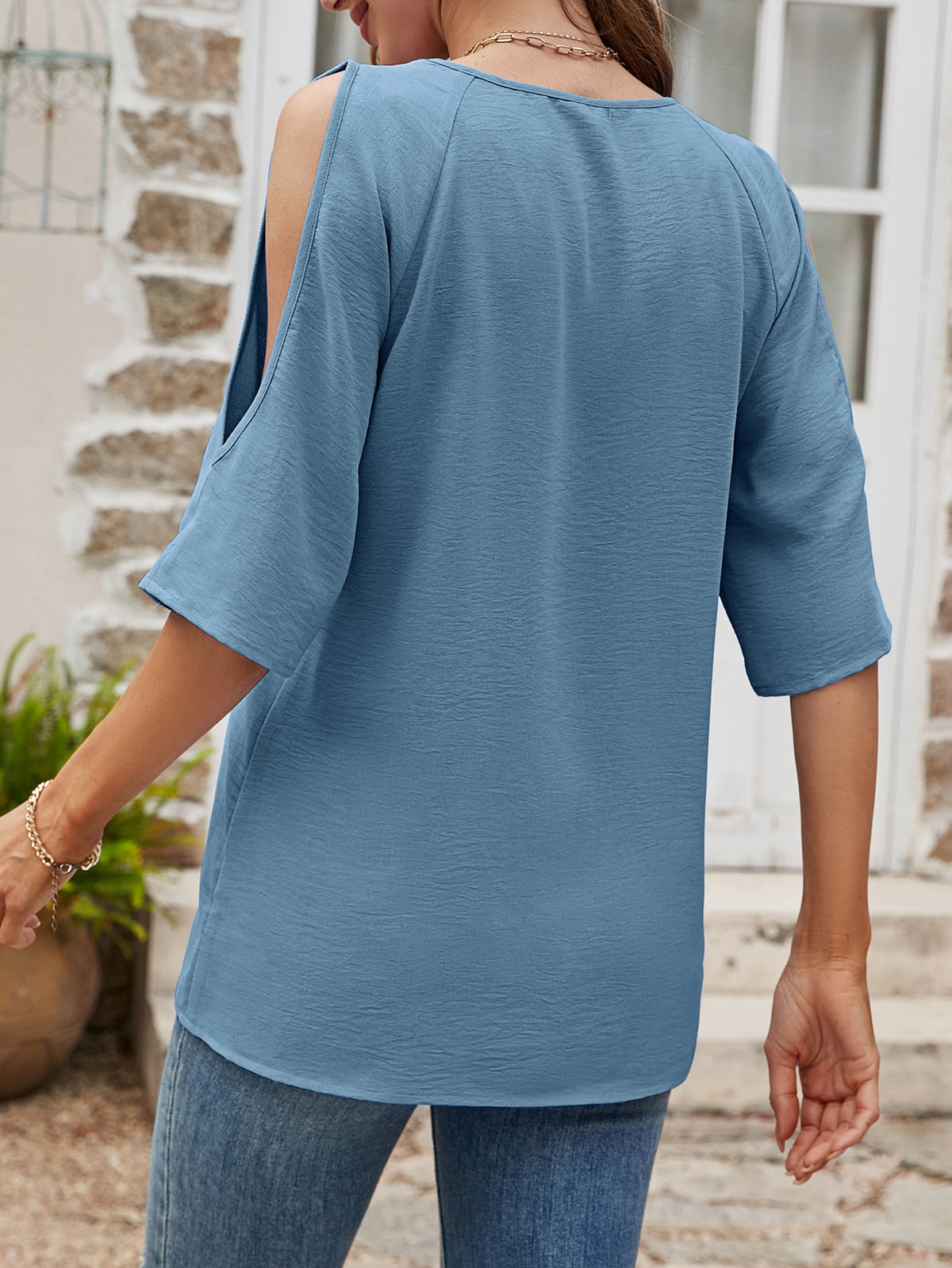 Textured Round Neck Split Sleeve Top (2)