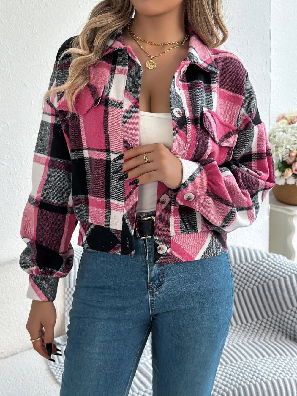 Plaid Button Up Long Sleeve Jacket (28)