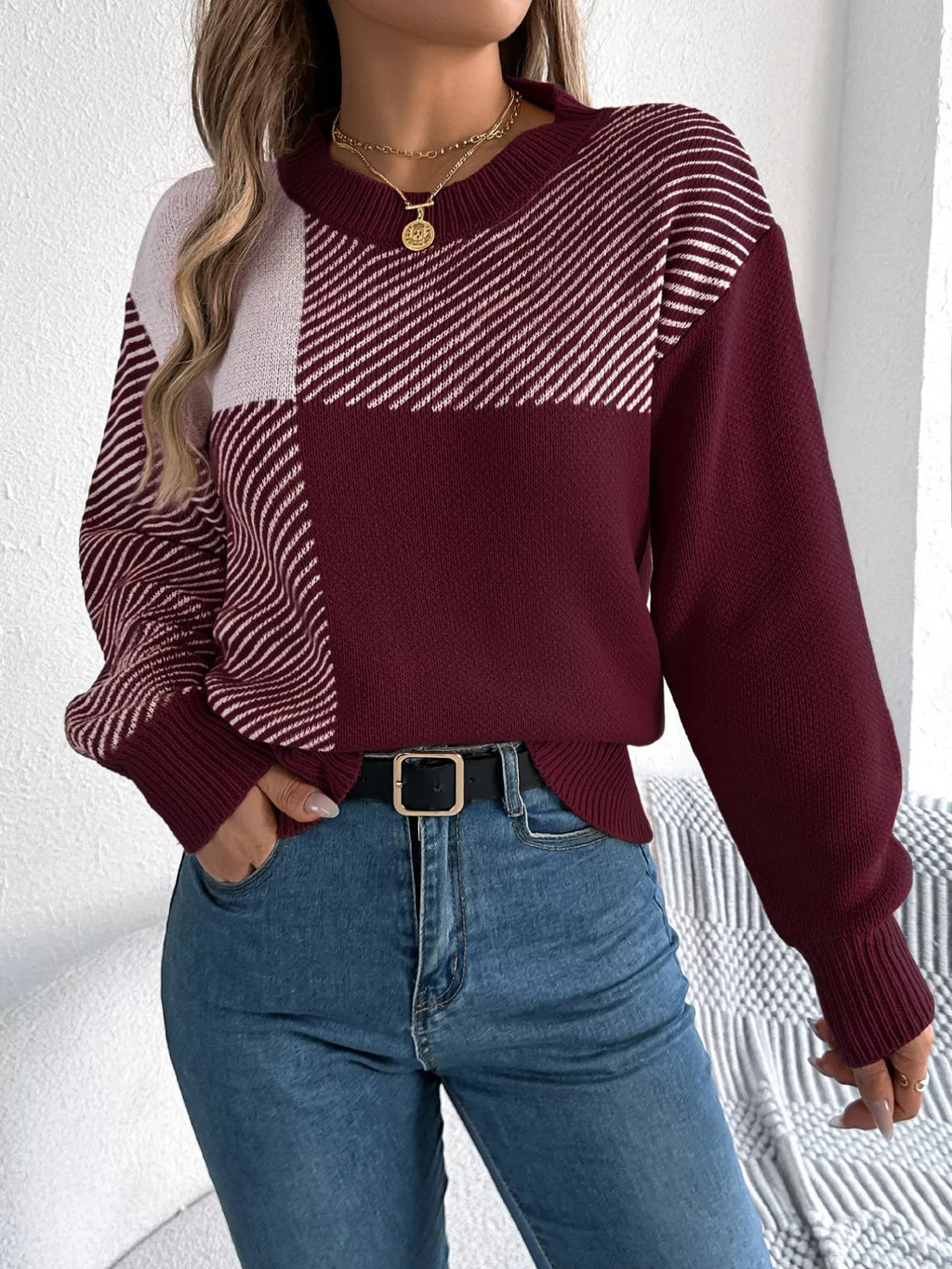 Block Striped Round Neck Sweater (7)