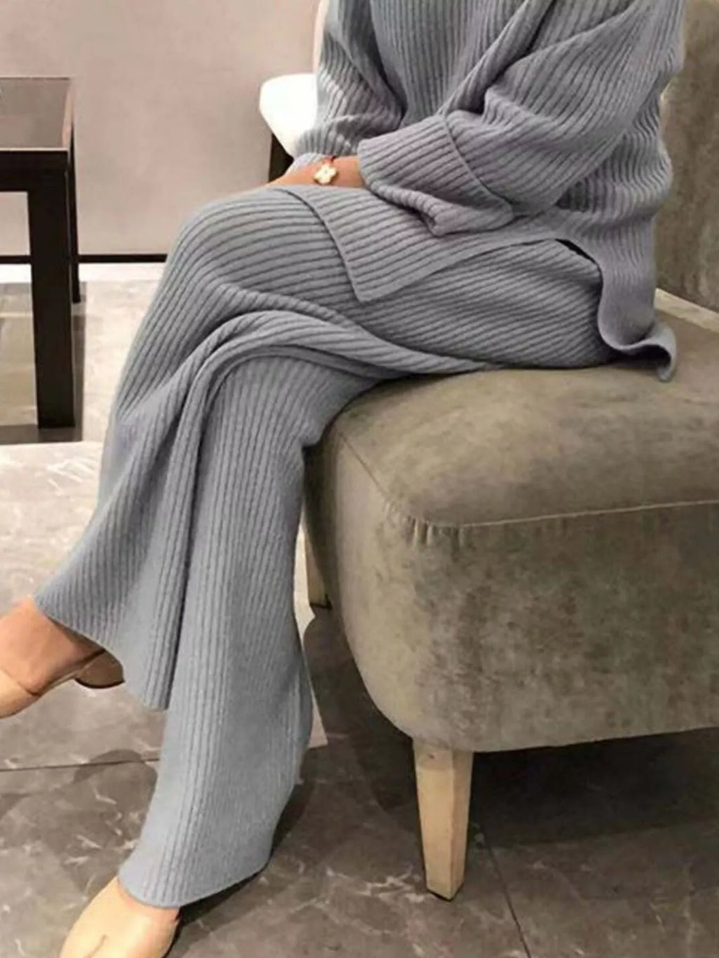 Full Size Ribbed Knit Relaxed Fit Top Pants Sweater Set Plus (3)