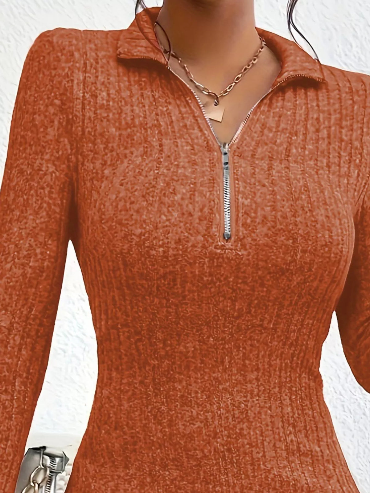 Ribbed Knit Bodycon Mini Dress Zipper (3)