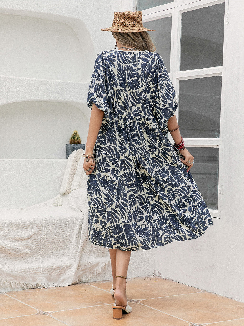 Printed Tie Neck Midi Dress (2)