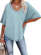 Waffle Knit V-neck Short Sleeve T-shirt (20)