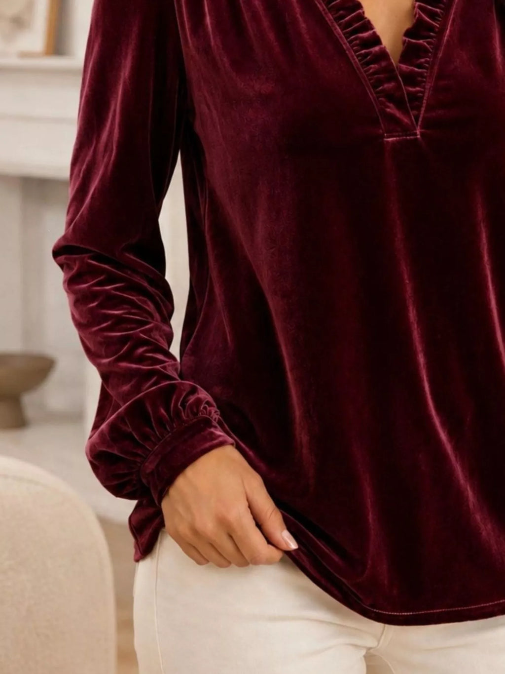 V-neck Ruffle Trim Velvet Blouse (12)