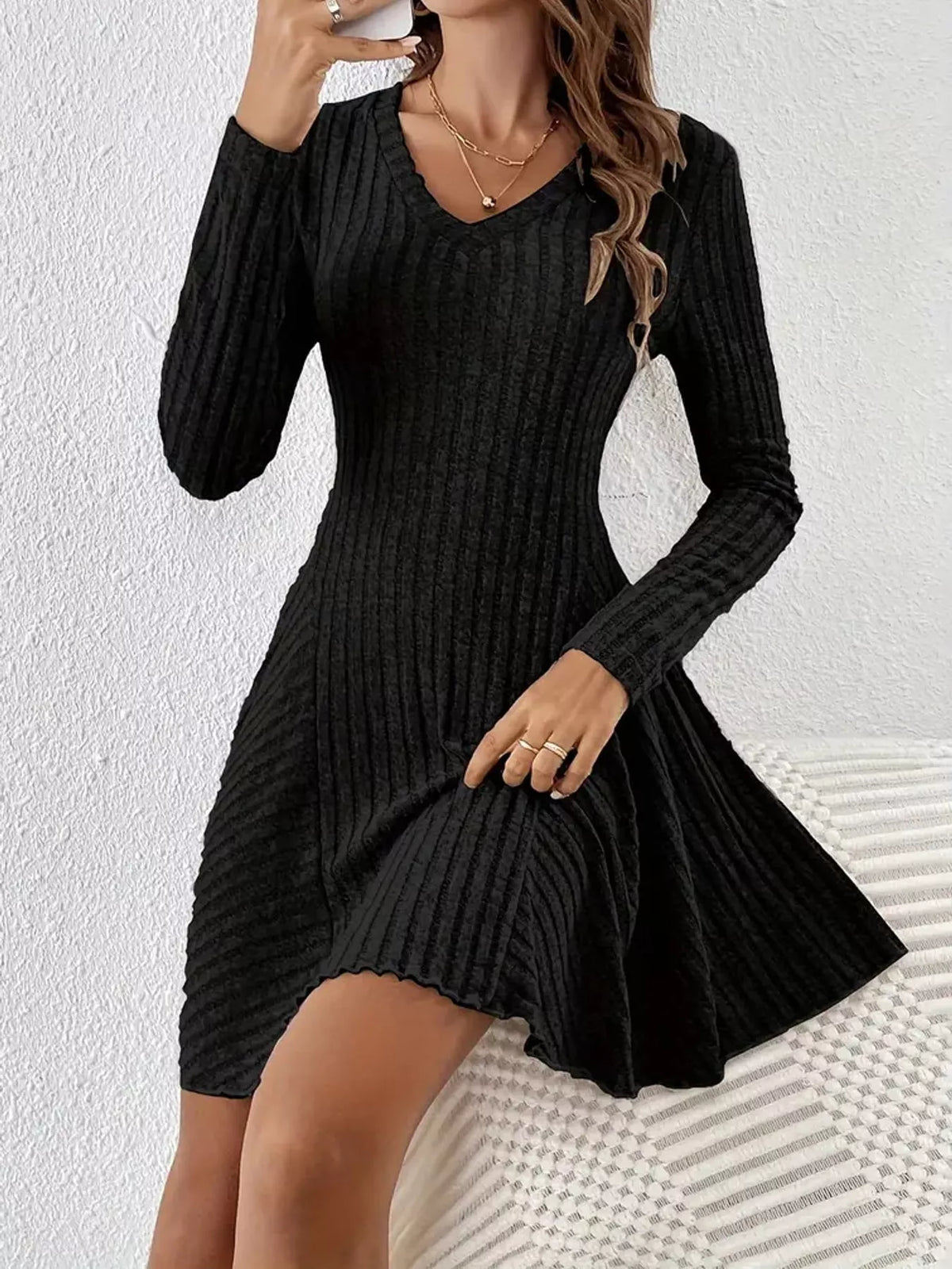 V-neck Ribbed Knit A-line Dress (6)