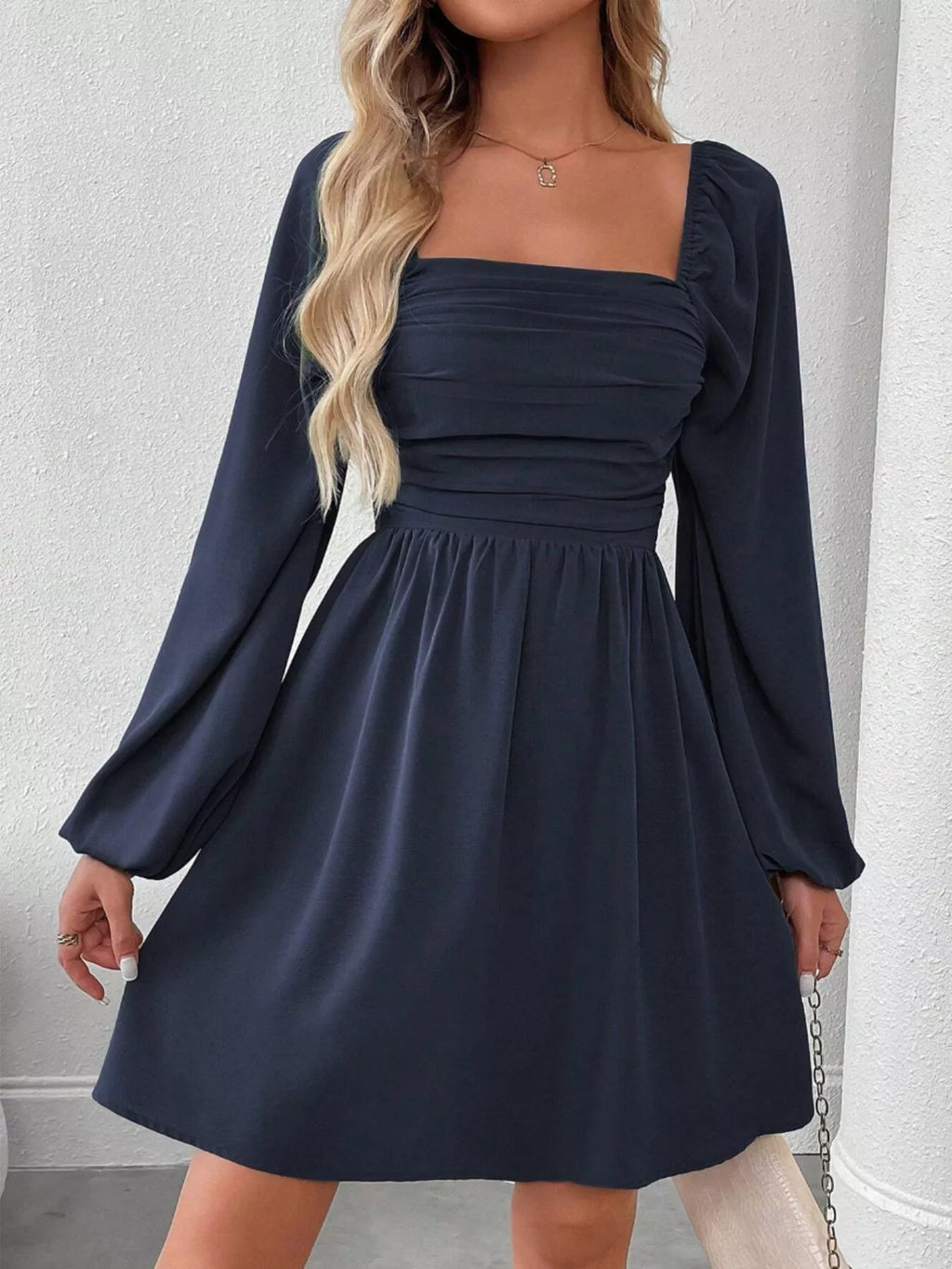Ruched Square Neck Long Sleeve A-line Dress (22)