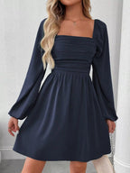 Ruched Square Neck Long Sleeve A-line Dress (22)