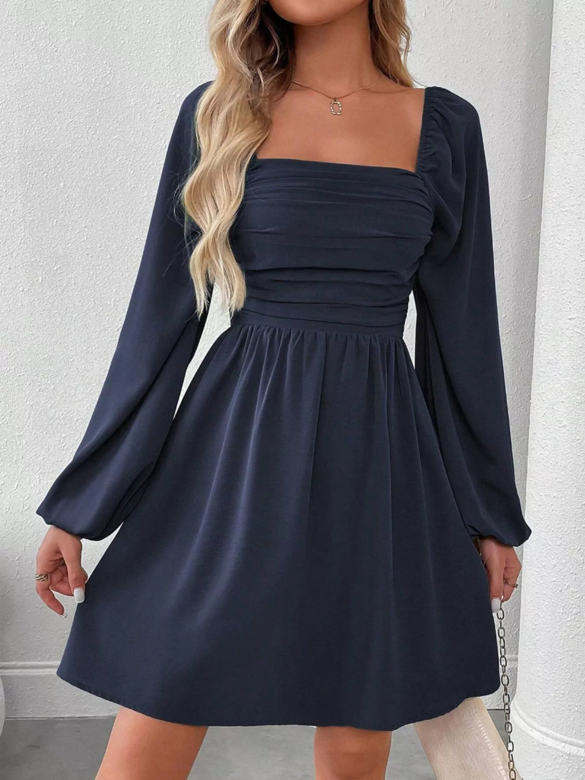 Ruched Square Neck Long Sleeve A-line Dress (22)