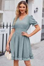 Swiss Dot Frill Trim Flounce Sleeve V-neck Dress
