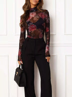Floral Print Sheer Mesh Long Sleeve Mock Neck Top (5)