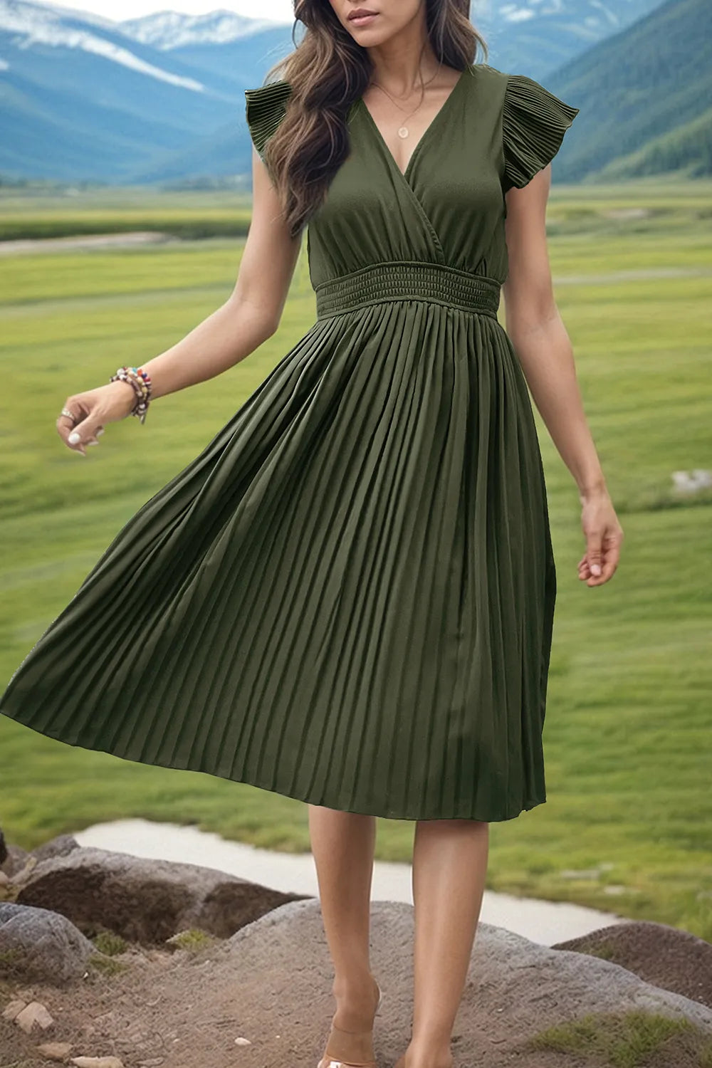 Tied Smocked Waist Flutter Sleeve Dress (19)