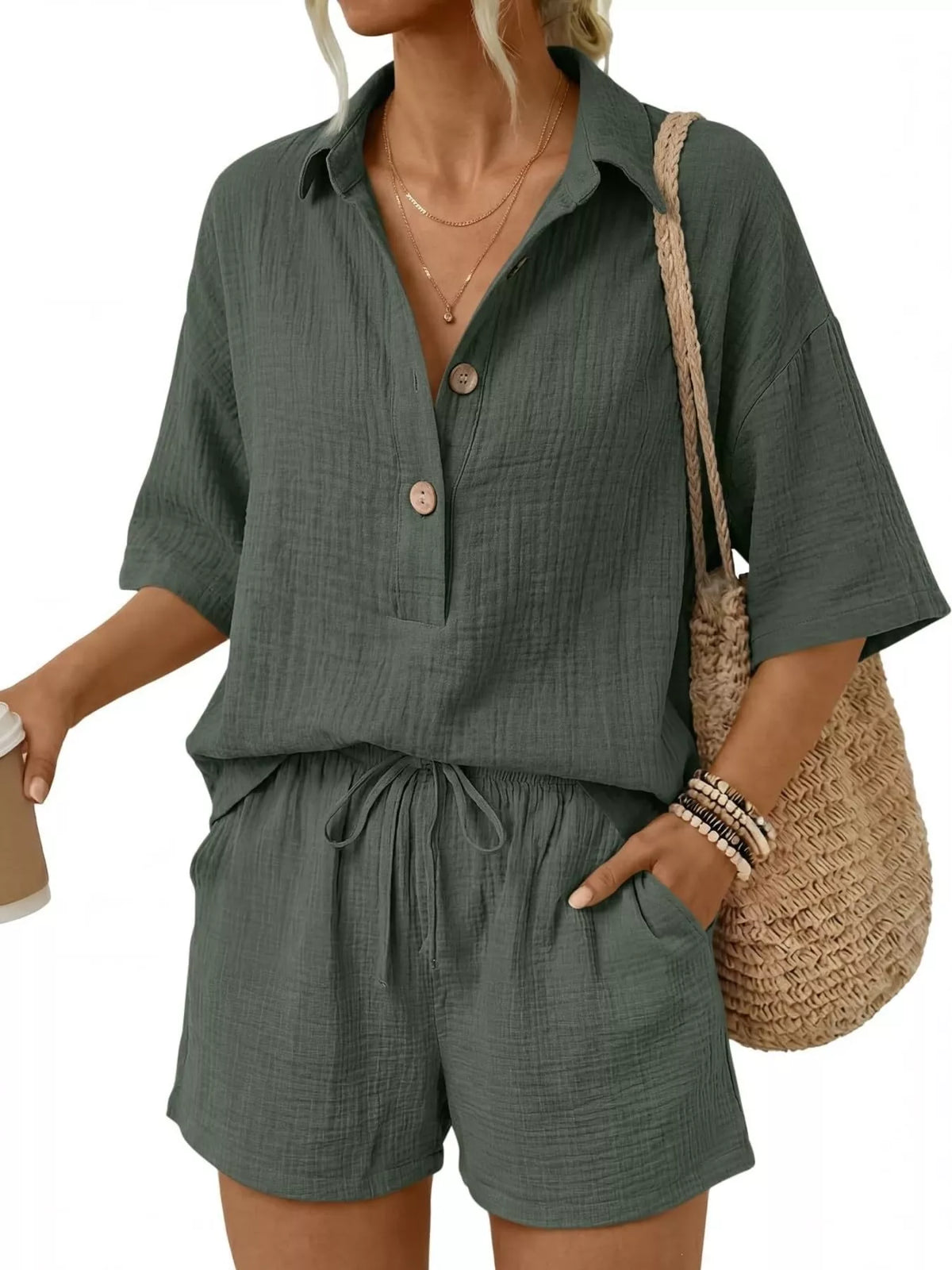 Linen Button Front Short Sleeve Top Shorts Set (3)