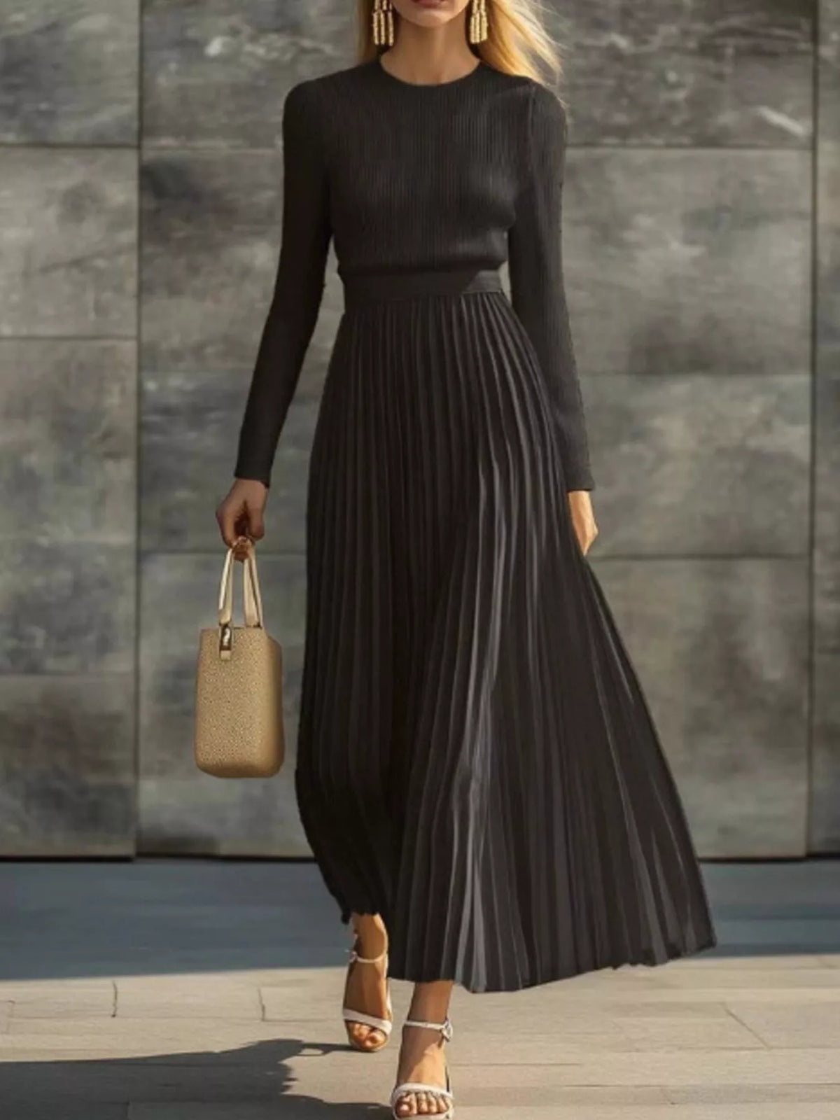 Ribbed Knit Pleated Midi Dress (4)