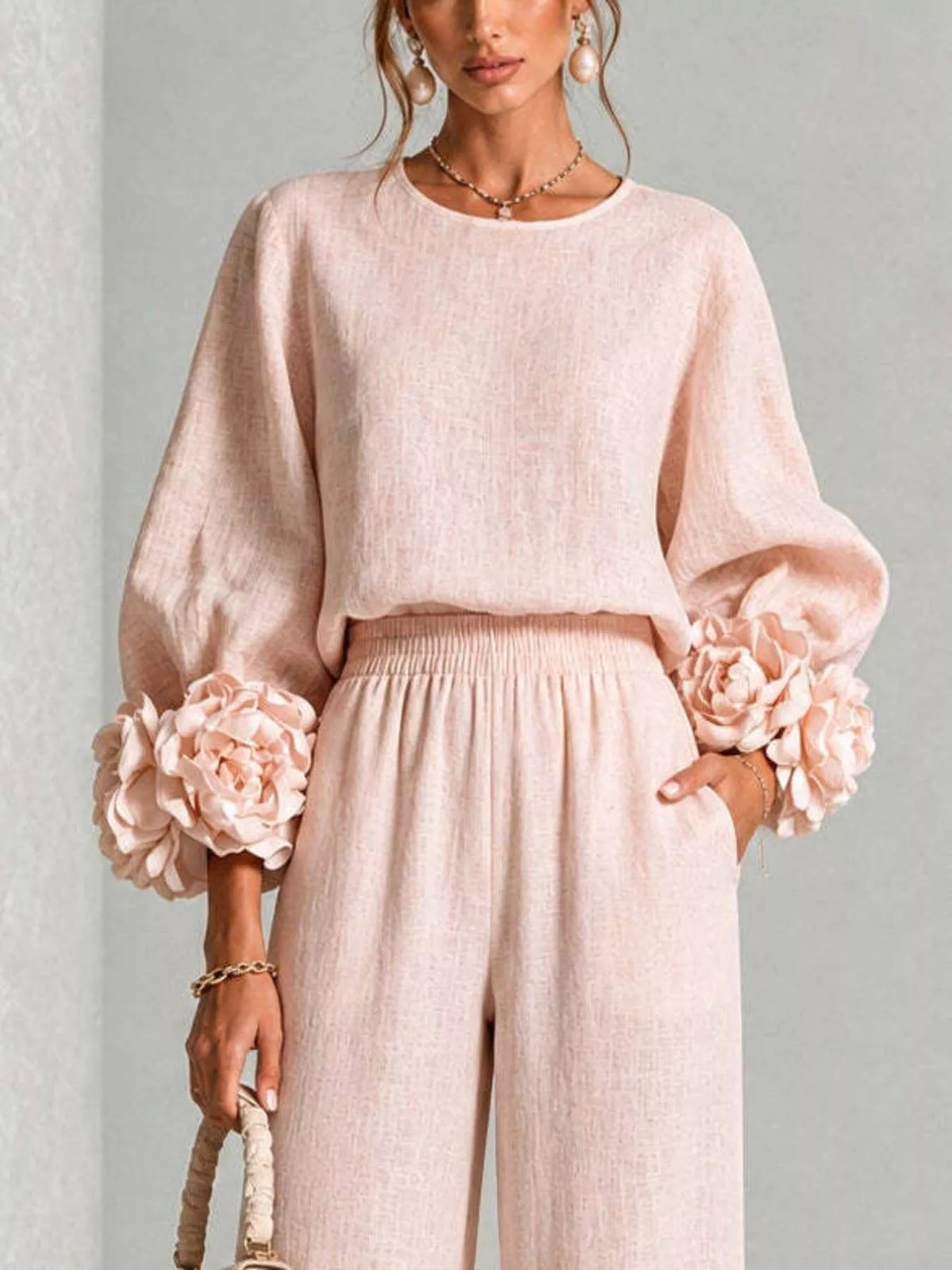 Full Size Floral Cuffs Top Wide Leg Pants Set Plus (4)