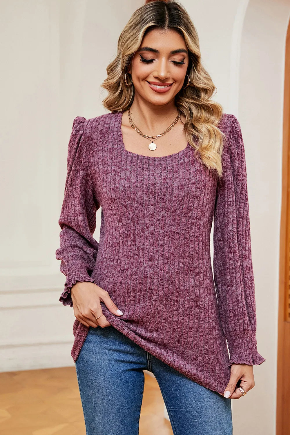 Square Neck Flounce Sleeve T-shirt (21)