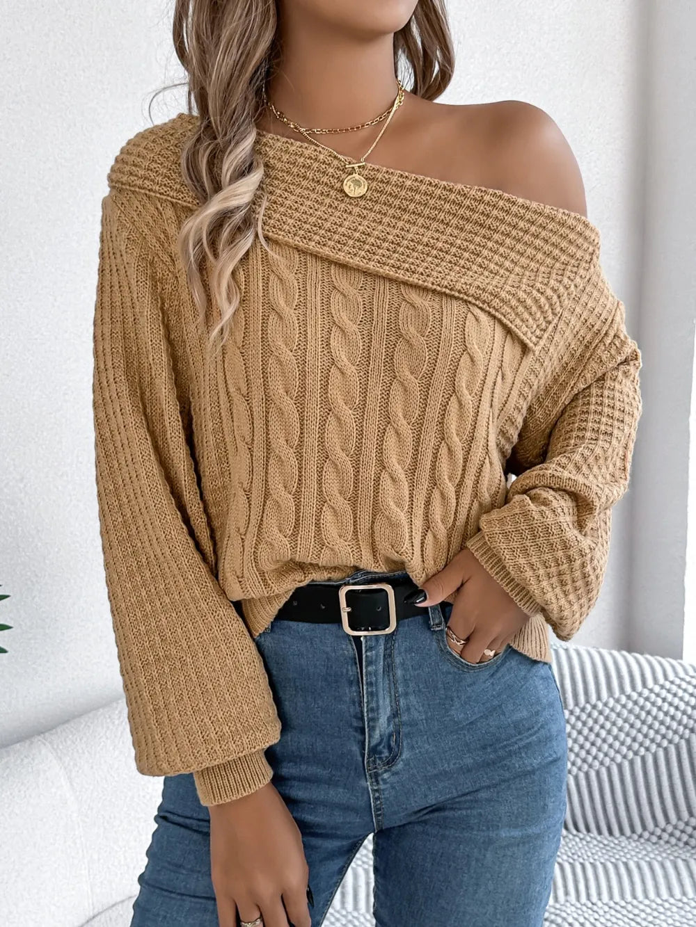 Cable-knit One Shoulder Long Sleeve Sweater (4)