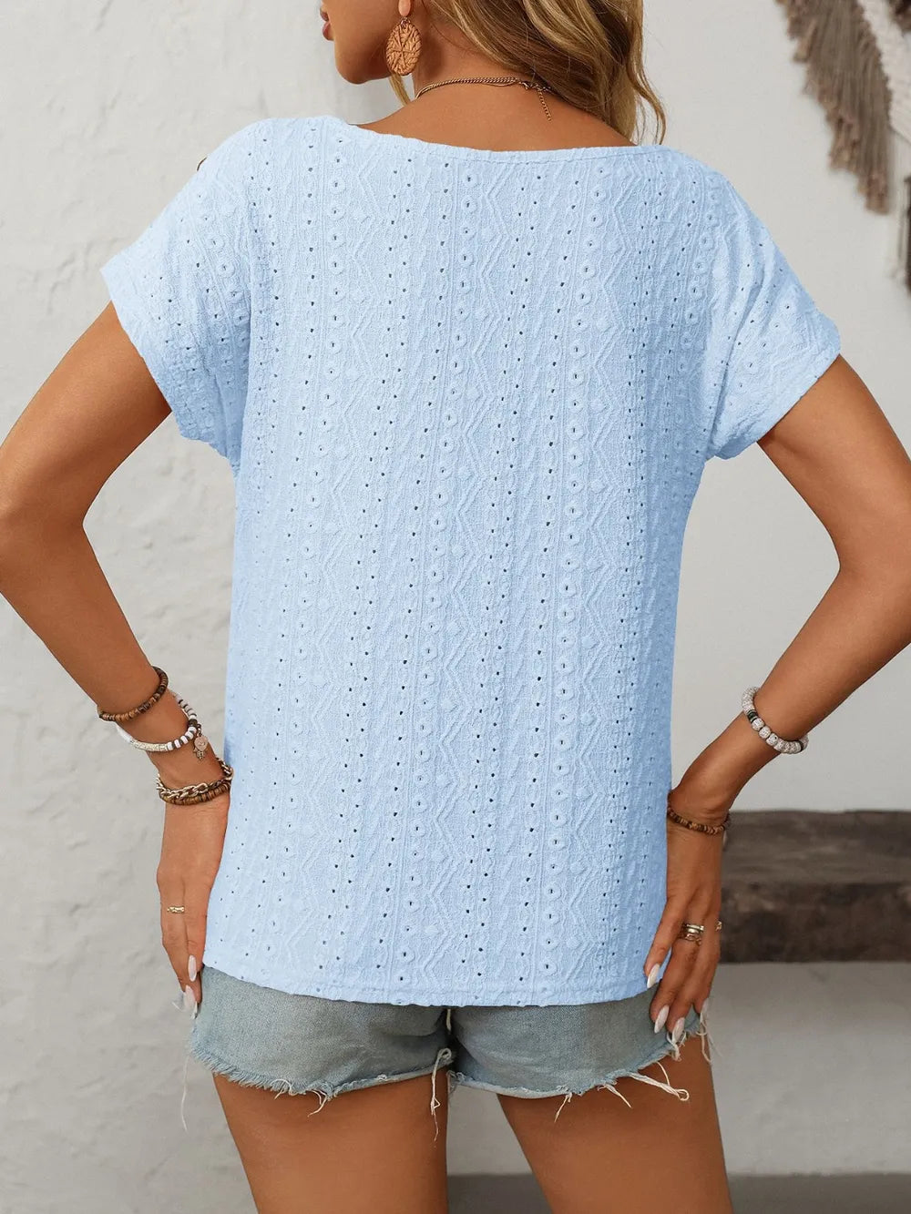 Eyelet Round Neck Short Sleeve Top (18)