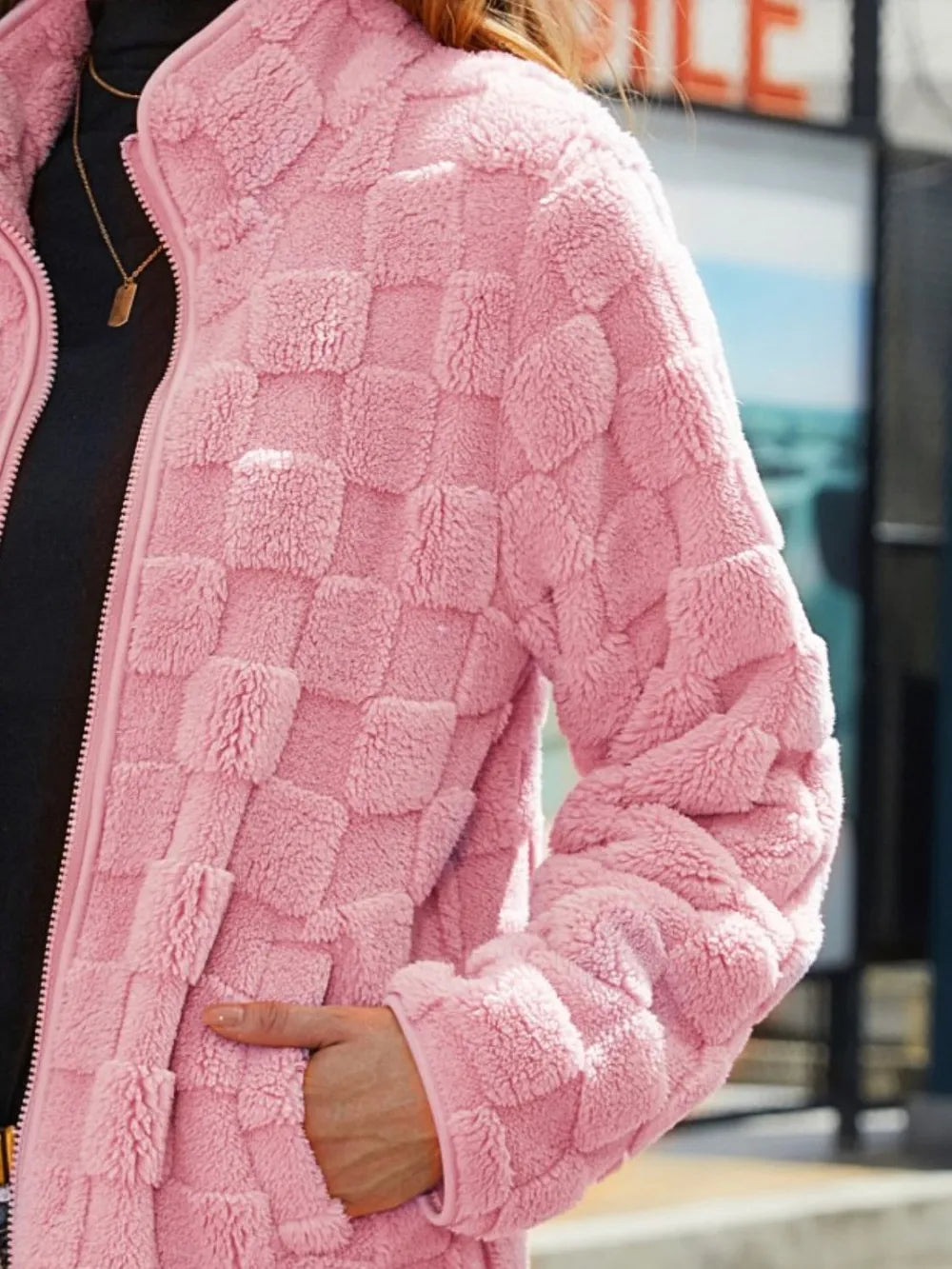 Fuzzy Checkered Zip Up Jacket (13)