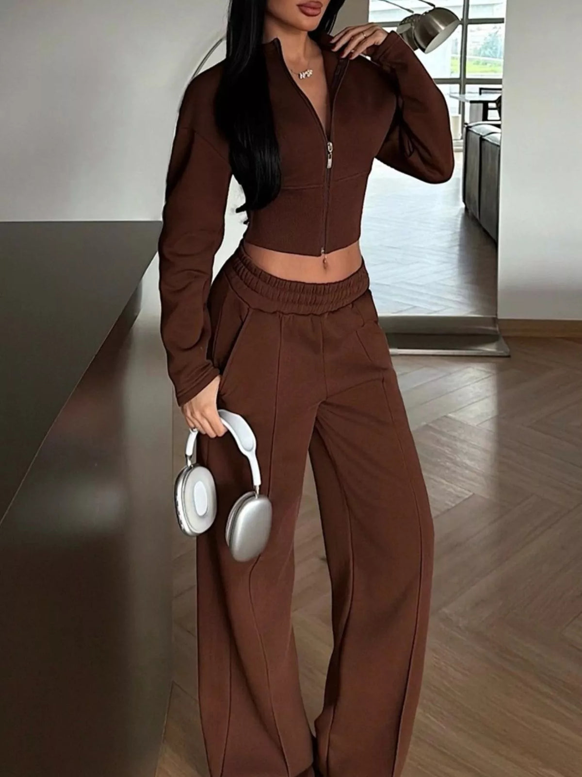 Zip-up Crop Jacket Wide-leg Pants Set (10)
