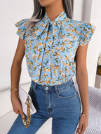 Floral Tie Neck Flutter Sleeve Blouse (7)