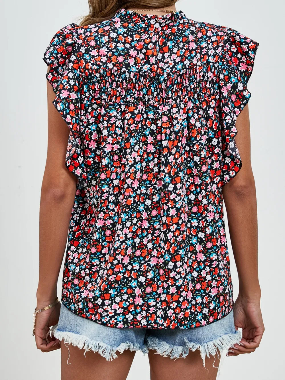 Ruffled Ditsy Floral Mock Neck Cap Sleeve Blouse (2)
