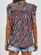 Ruffled Ditsy Floral Mock Neck Cap Sleeve Blouse (2)