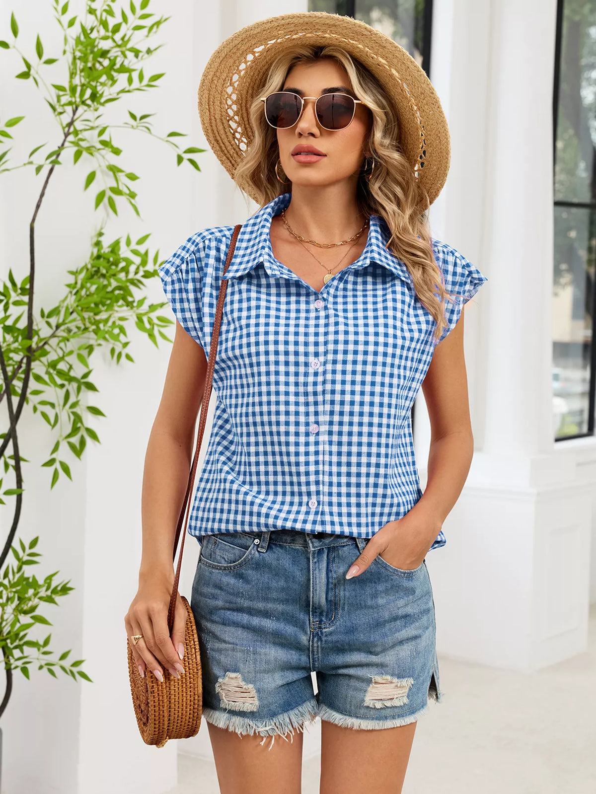 Plaid Button Up Cap Sleeve Shirt (30)