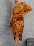 One-shoulder Satin Wrap Dress Side Slit (7)