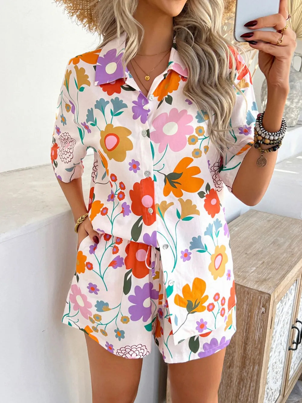 Printed Button Down Shirt Shorts Set (7)